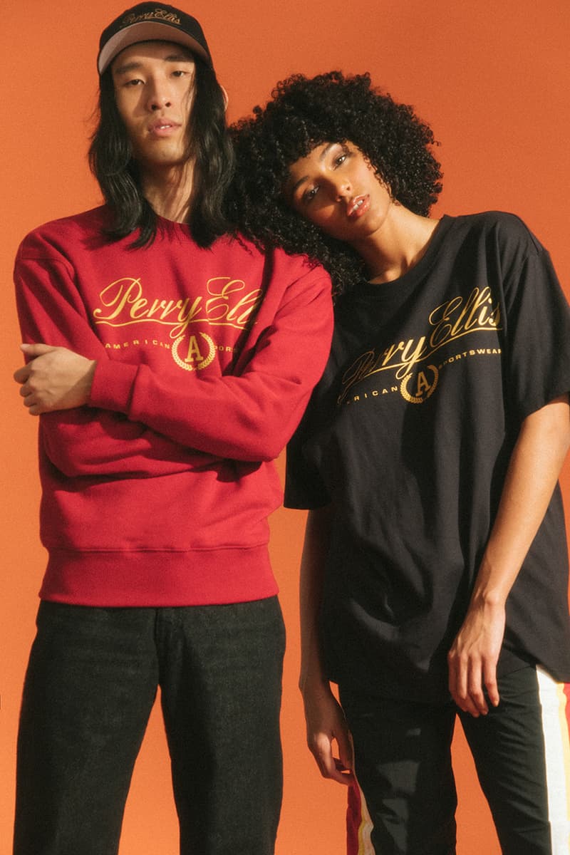 Perry Ellis America II 2019 Lookbook Winter primary colors blue red yellow gold black white denim shirts tees track pants shoes sneaker ‘90s vintage New York ready-to-wear