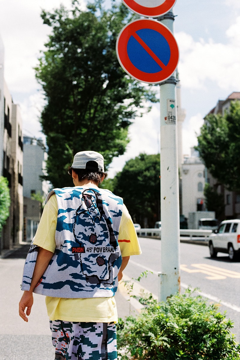 PHINGERIN Spring/Summer 2019 Lookbook camouflage vest Japan accessories sweat sweatshirt sweatpants trousers jacket outerwear baghead hats red pants tee tshirt silk tang suit jacket bomber 