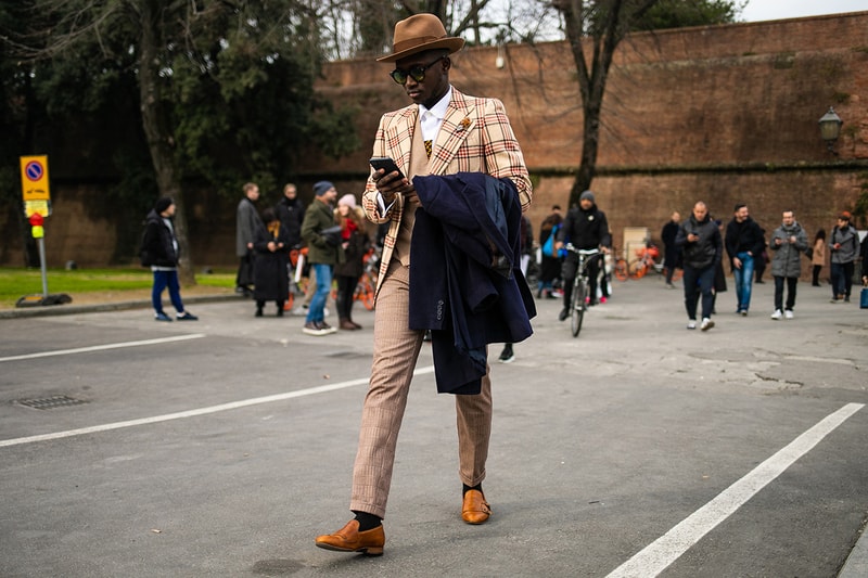 Pitti Uomo Fall/Winter 2019 Street Style Shearling Denim Jackets Burberry Louis Vuitton Stone Island Blazers Carhartt Palm Angels Balenciaga Nike Cav Empt Salomon Fendi Prada