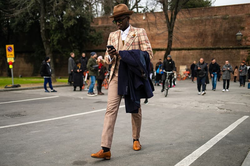 Pitti Uomo Fall/Winter 2019 Street Style Shearling Denim Jackets Burberry Louis Vuitton Stone Island Blazers Carhartt Palm Angels Balenciaga Nike Cav Empt Salomon Fendi Prada