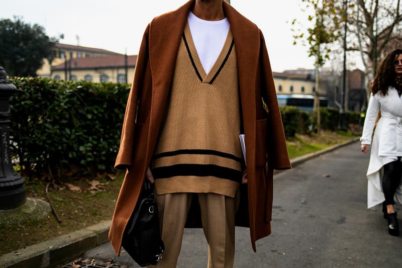 Pitti Uomo Fall/Winter 2019 Street Style Shearling Denim Jackets Burberry Louis Vuitton Stone Island Blazers Carhartt Palm Angels Balenciaga Nike Cav Empt Salomon Fendi Prada