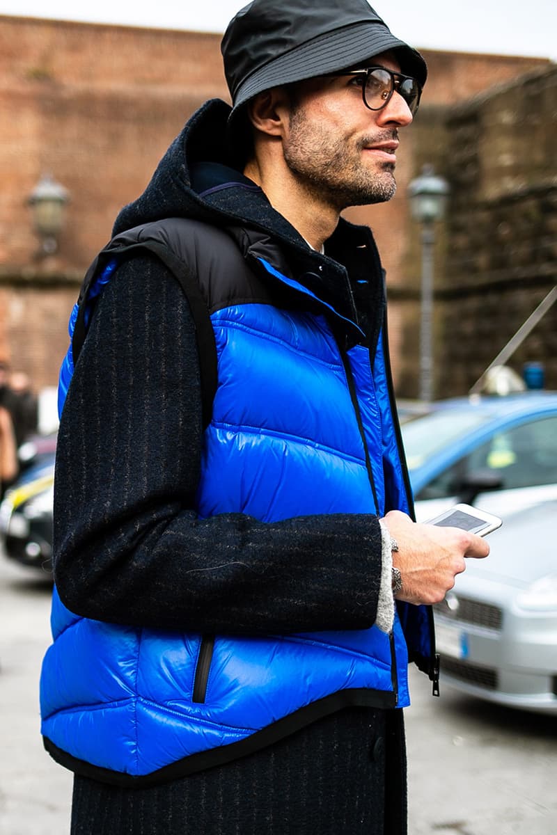 Pitti Uomo Fall/Winter 2019 Street Style Shearling Denim Jackets Burberry Louis Vuitton Stone Island Blazers Carhartt Palm Angels Balenciaga Nike Cav Empt Salomon Fendi Prada