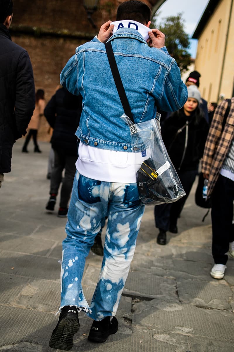 Pitti Uomo Fall/Winter 2019 Street Style Shearling Denim Jackets Burberry Louis Vuitton Stone Island Blazers Carhartt Palm Angels Balenciaga Nike Cav Empt Salomon Fendi Prada