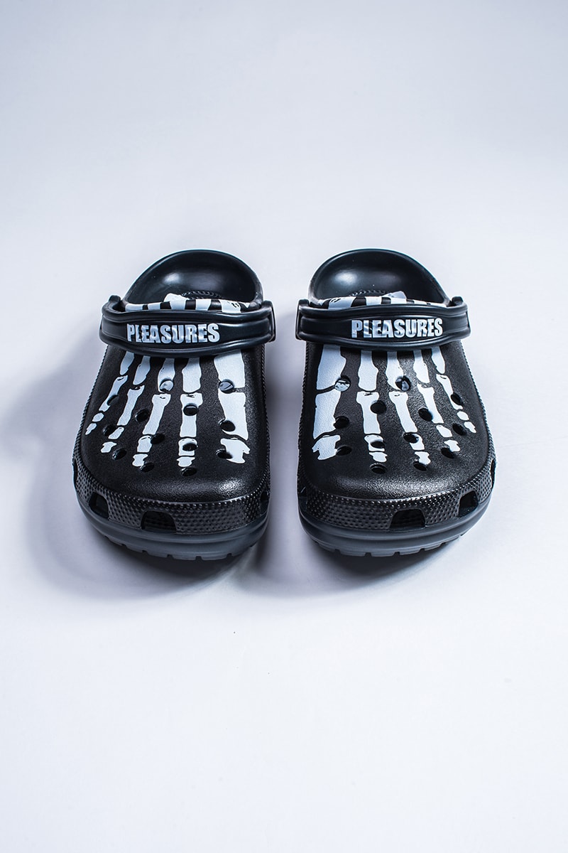 PLEASURES Crocs Collaboration Release Date black white 2019 footwear sneakers bones graphics skeleton open-toe summer rubber Alex James