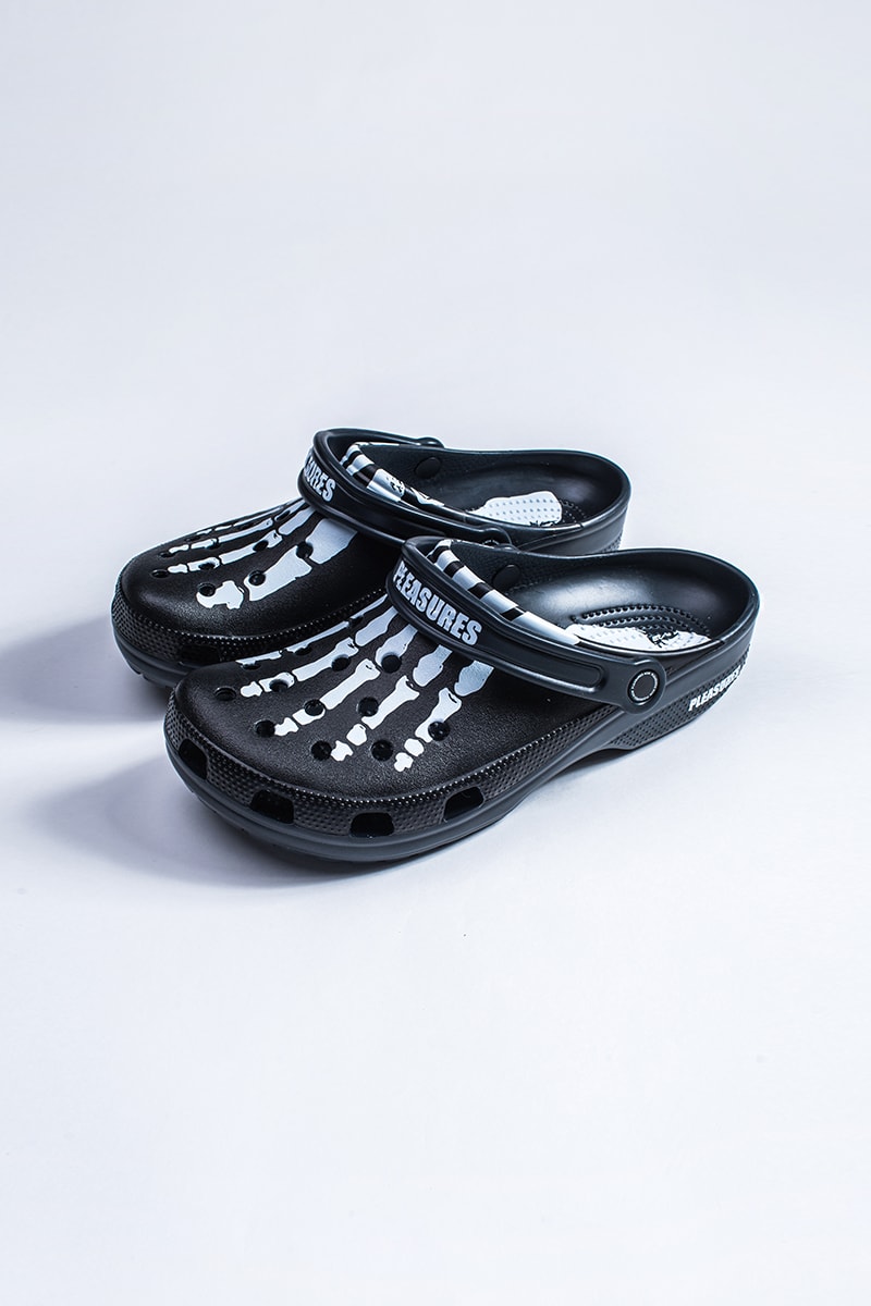 PLEASURES Crocs Collaboration Release Date black white 2019 footwear sneakers bones graphics skeleton open-toe summer rubber Alex James