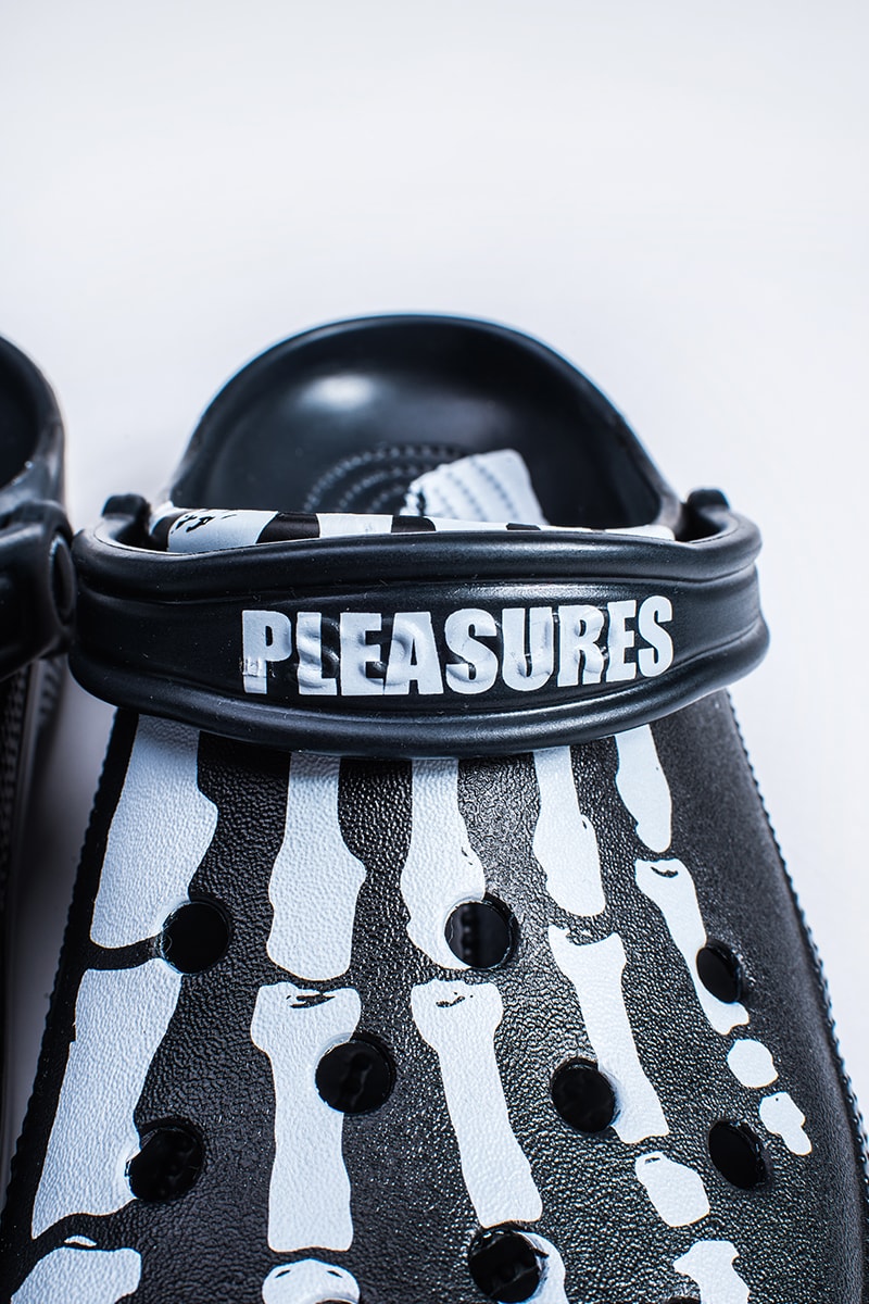 PLEASURES Crocs Collaboration Release Date black white 2019 footwear sneakers bones graphics skeleton open-toe summer rubber Alex James