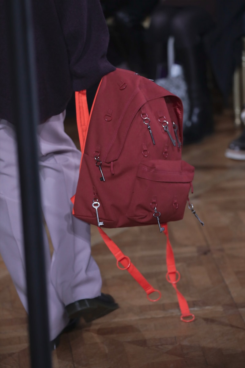 Raf Simons Eastpak Fall Winter 2019 Collection Closer Look backpack ring black pink beige charms David Lynch 1986 Blue Velvet Paris Fashion Week Mens