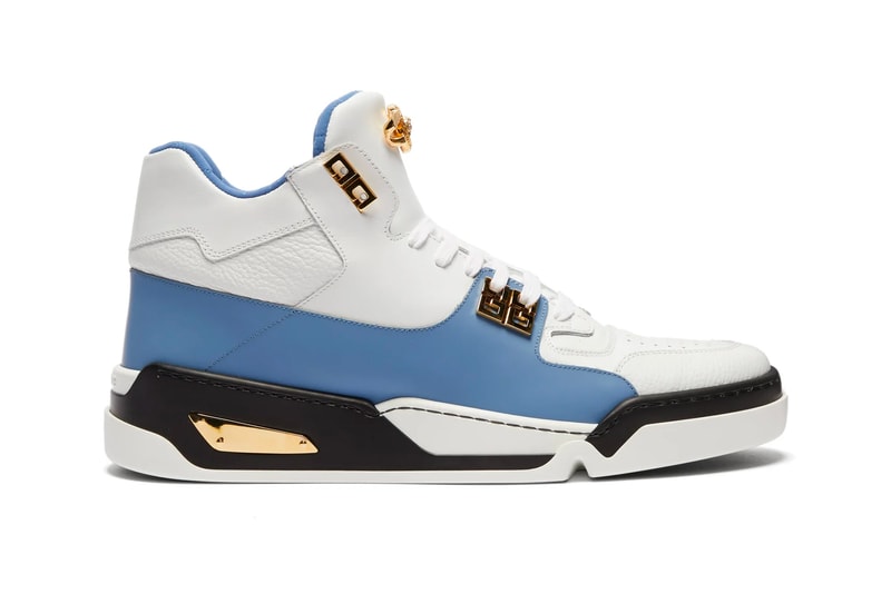 Versace Medusa Embellished High Top Sneaker Release White Blue Black Gold matchesfashion.com Head Info