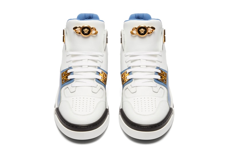Versace Medusa Embellished High Top Sneaker Release White Blue Black Gold matchesfashion.com Head Info