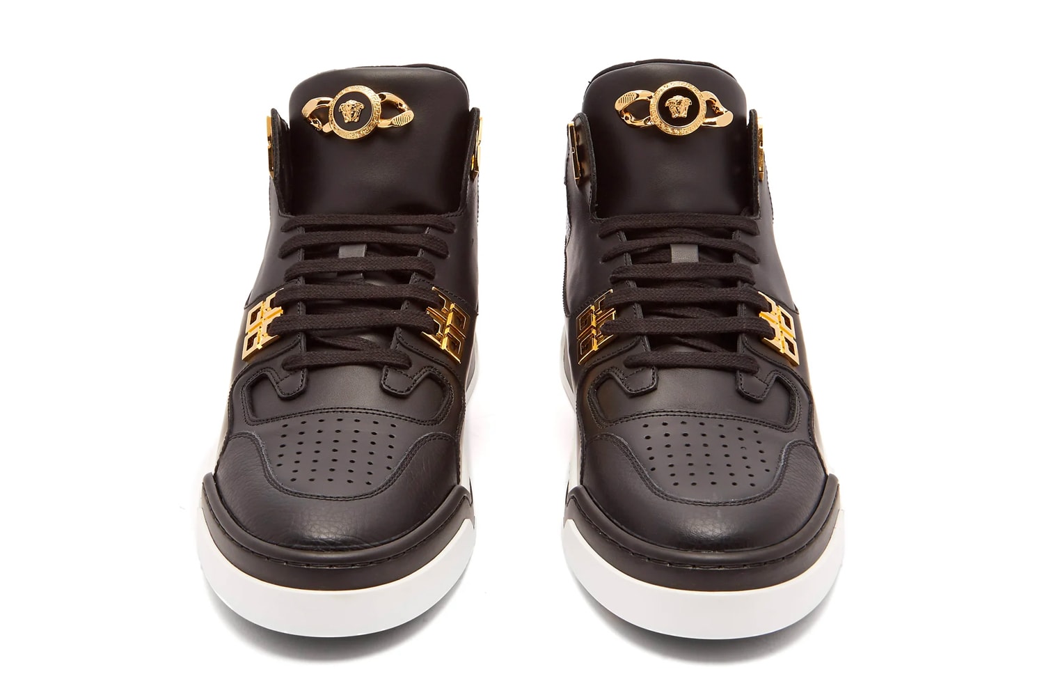 Versace Medusa Embellished High Top Sneaker Release White Blue Black Gold matchesfashion.com Head Info