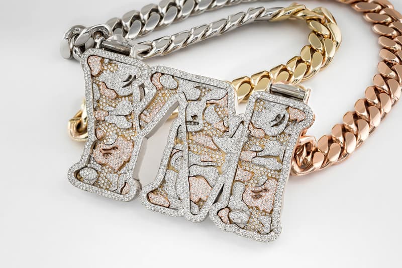 YM Bape Tri Color Camouflage Chain Closer Look Avianne & Co white rose yellow camo