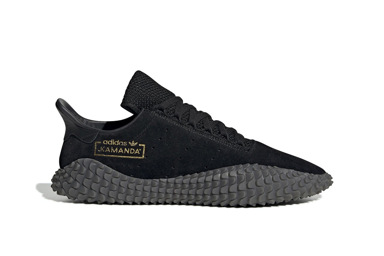 adidas Kamanda Drops Triple Black Colorway Suede leather mesh gold foil football silhouette sneaker oldschool classic neighborhood 