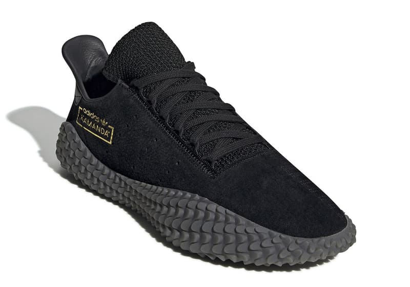 adidas Kamanda Drops Triple Black Colorway Suede leather mesh gold foil football silhouette sneaker oldschool classic neighborhood 