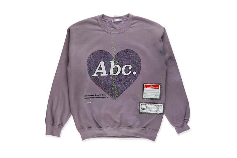 Advisory Board Crystals Valentine's Day Crewneck "abc. broken heart" $155 pricing release info stockist union LA, tokyo patron of the new new york glitter print heart puff print neon green embroidery 