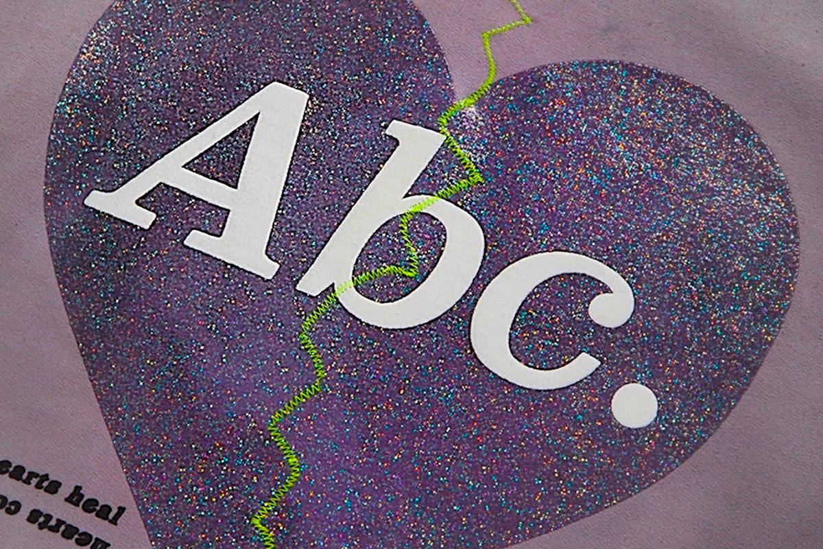 Advisory Board Crystals Valentine's Day Crewneck "abc. broken heart" $155 pricing release info stockist union LA, tokyo patron of the new new york glitter print heart puff print neon green embroidery 