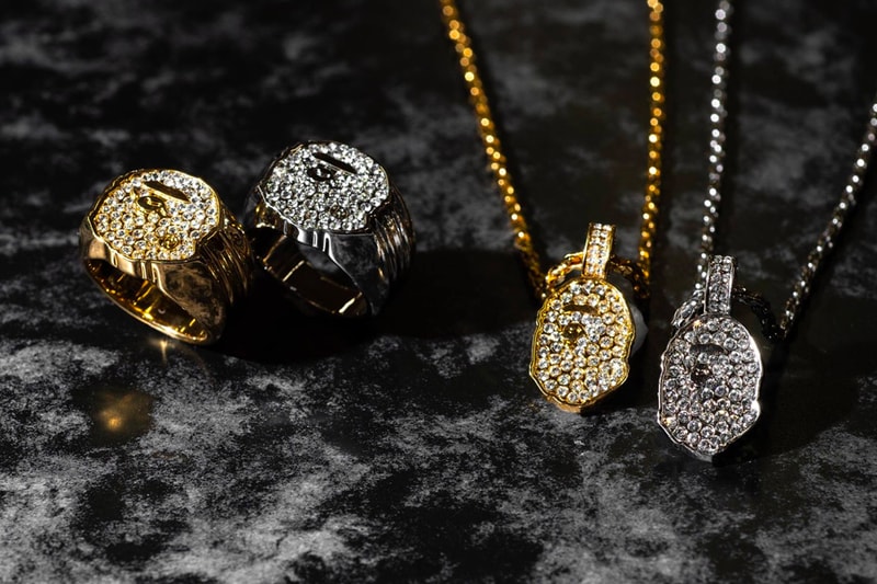 BAPE Rhinestone APE Head Ring & Necklace Jewelry gold silver accessories 