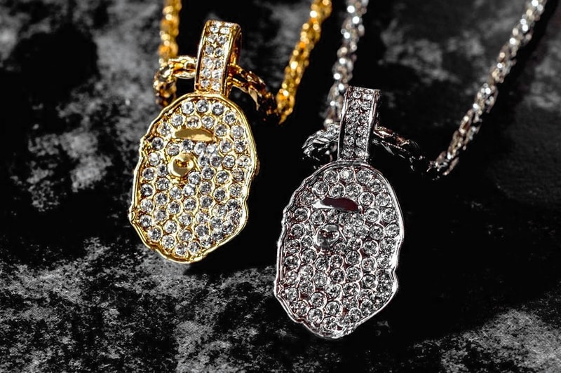 BAPE Rhinestone APE Head Ring & Necklace Jewelry gold silver accessories 