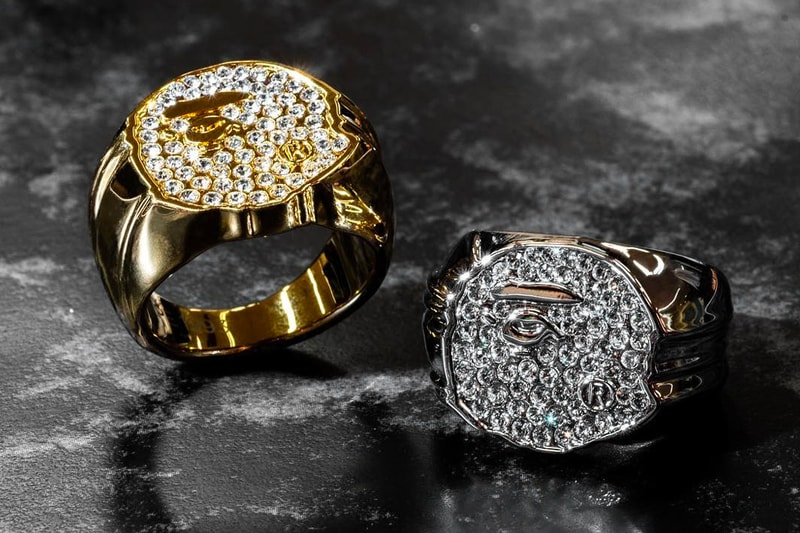 BAPE Rhinestone APE Head Ring & Necklace Jewelry gold silver accessories 