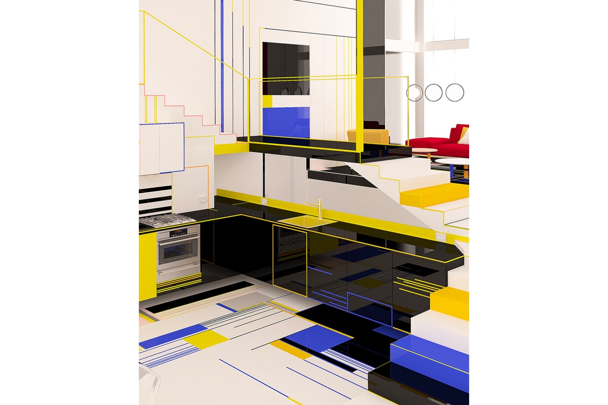 Brani & Desi Unveil Their Design of a Mondrian-Inspired Interior black white blue red yellow images info architecture