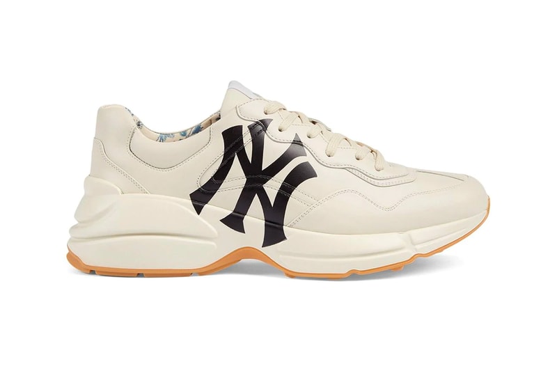 Gucci Rhyton Sneaker Receives NY Yankees Print white dad sneakers release drop date price images info footwear new york major league baseball farfetch