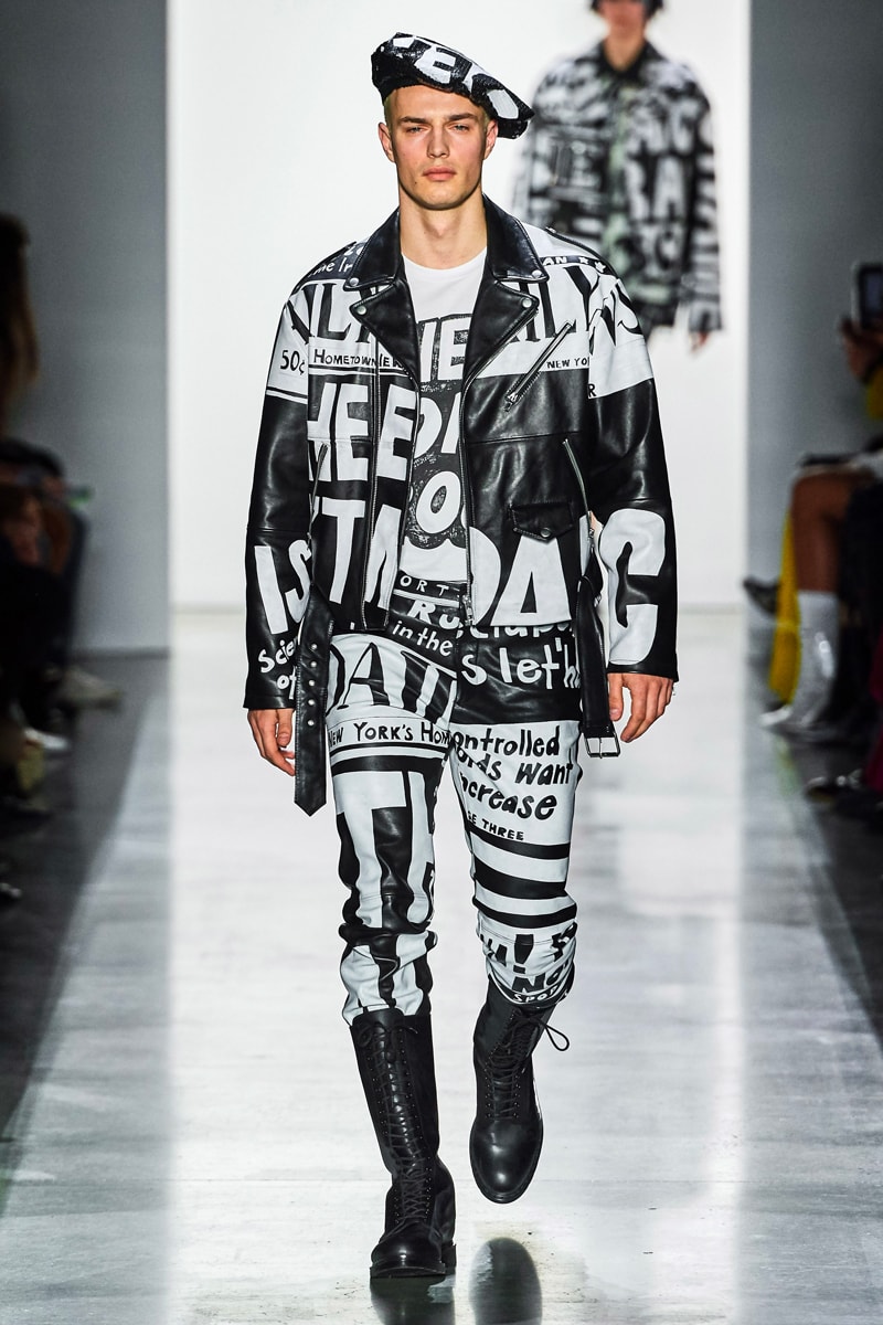Jeremy Scott Unveils Headline-Inspired Fall 2019 Collection info runway images new york fashion week mens apparel ready to wear