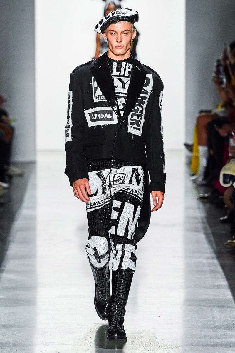 Jeremy Scott Unveils Headline-Inspired Fall 2019 Collection info runway images new york fashion week mens apparel ready to wear