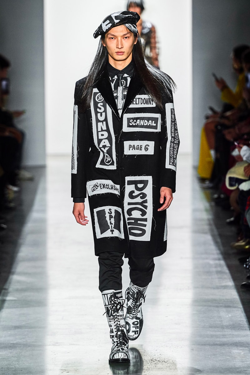 Jeremy Scott Unveils Headline-Inspired Fall 2019 Collection info runway images new york fashion week mens apparel ready to wear
