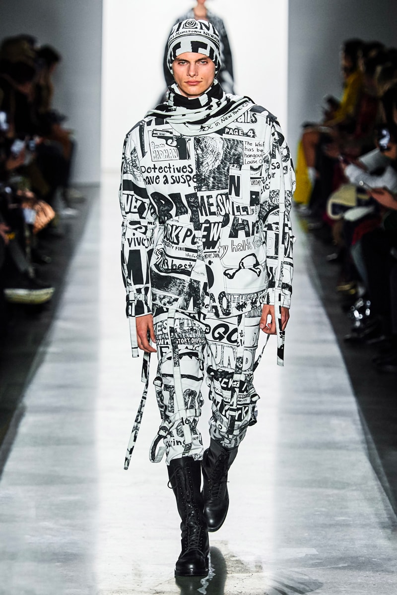 Jeremy Scott Unveils Headline-Inspired Fall 2019 Collection info runway images new york fashion week mens apparel ready to wear