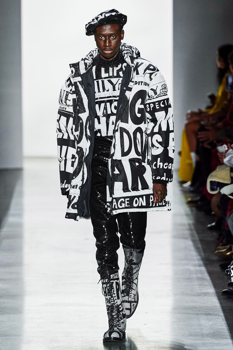 Jeremy Scott Unveils Headline-Inspired Fall 2019 Collection info runway images new york fashion week mens apparel ready to wear