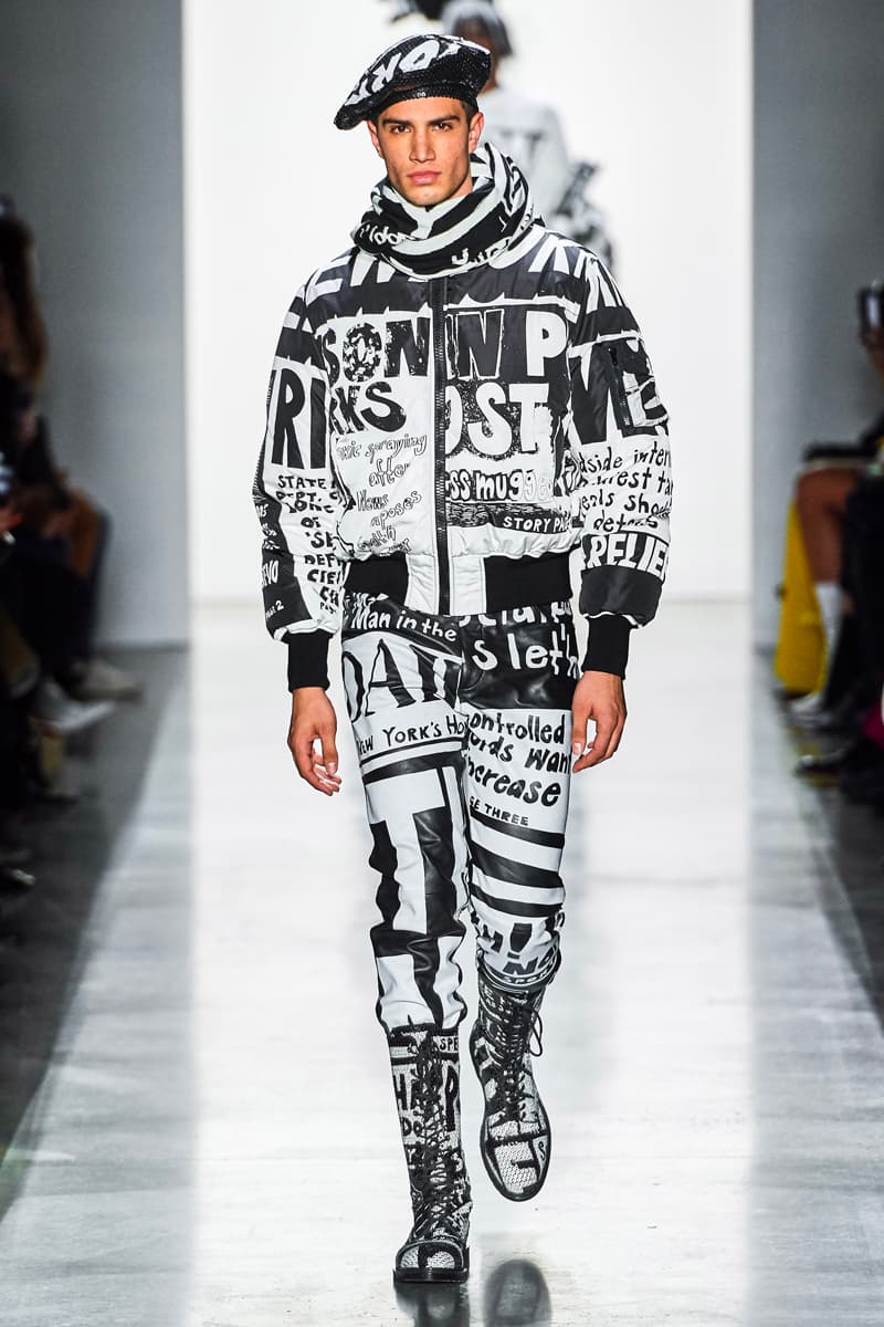 Jeremy Scott Unveils Headline-Inspired Fall 2019 Collection info runway images new york fashion week mens apparel ready to wear