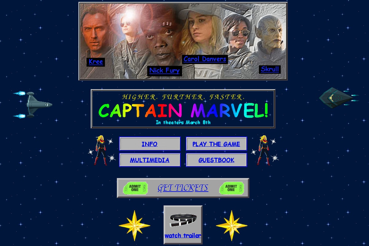 Marvel Studios Captain Marvel 90s Design Themed Website Carol Danvers Brie Larson Movie Release Samuel L Jackson