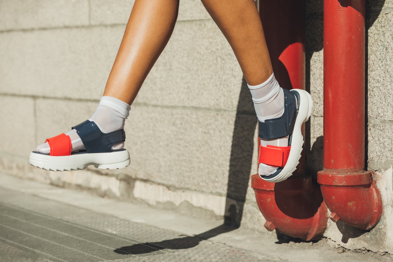 FILA x Melissa Collaboration streetwear fashion 80s 90s 70s navy blue red white borg itlalian brazil slides sportswear velcro plastic 