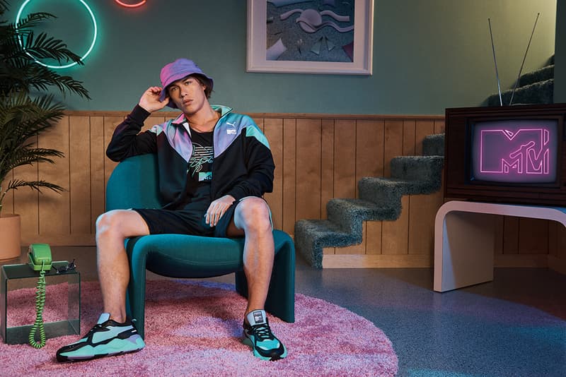 mtv puma rs x tracks 2019 march footwear sneaker shoes black white purple teal clothing apparel collection capsule