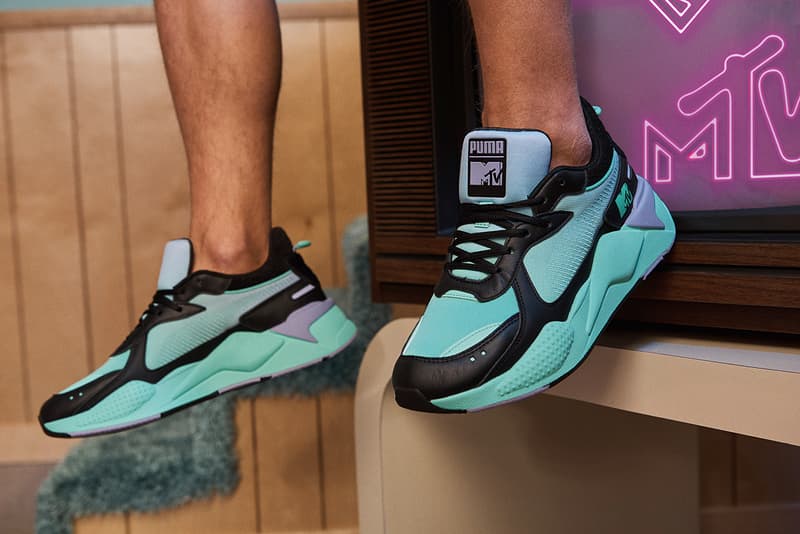 mtv puma rs x tracks 2019 march footwear sneaker shoes black white purple teal clothing apparel collection capsule