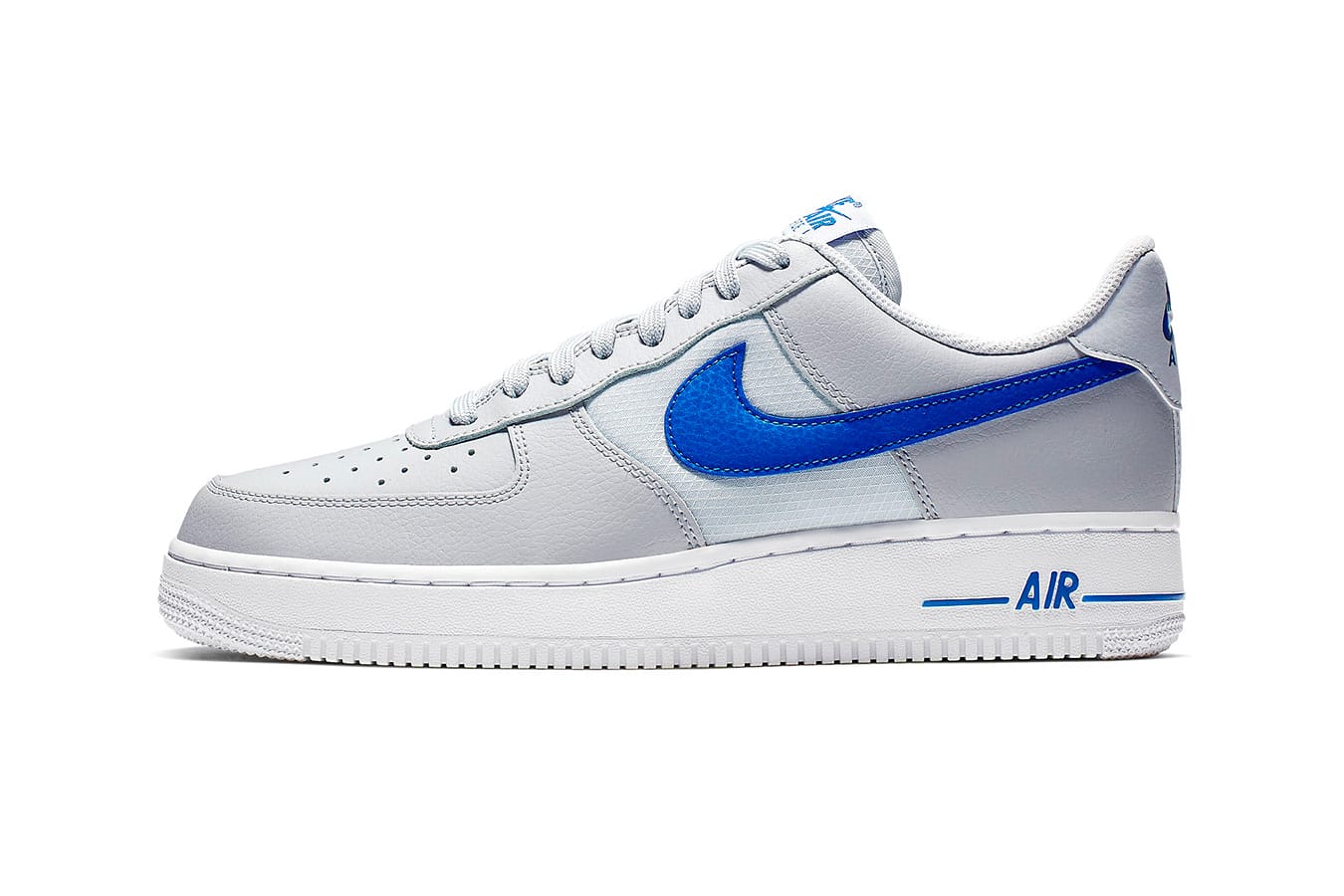 grey white and blue air force ones