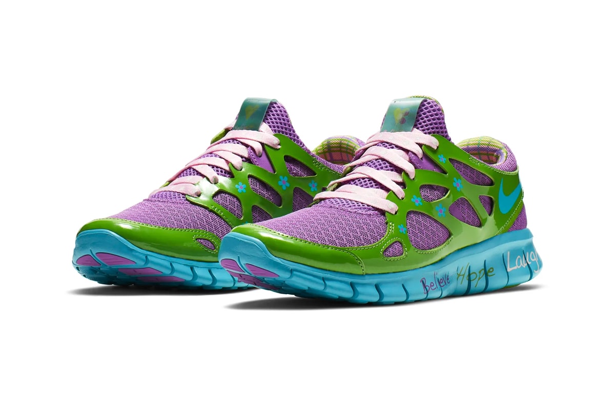 Nike Relaunches Mackenzie Short's Free Run 2.0 "Doernbecher" violet purple green turquoise release drop date info price images footwear 