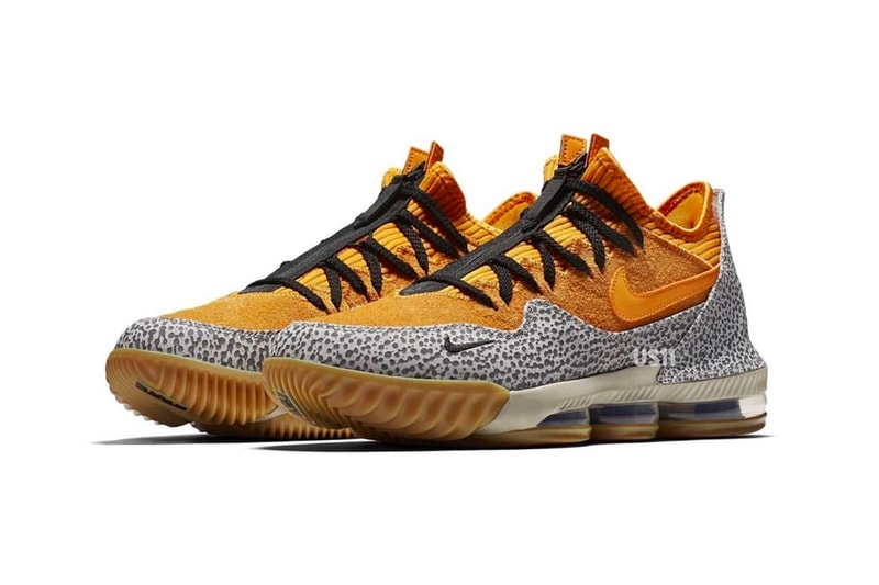 Nike LeBron 16 Low Safari First Look yellow gum rubber cement print black James atmos