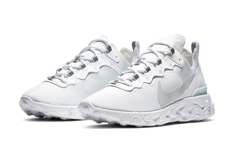 Nike React Element 55 "White/Pure Platinum" Release swoosh white sneakers 