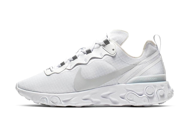 Nike React Element 55 "White/Pure Platinum" Release swoosh white sneakers 
