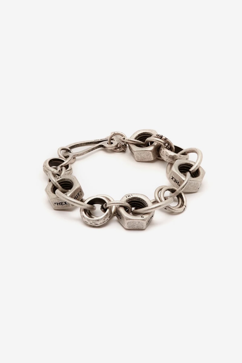 Off White Spring Summer 2019 Industrial Lifesaver necklace Hex Nut bracelet Utility silver-tone ring Jewelry Release silver 