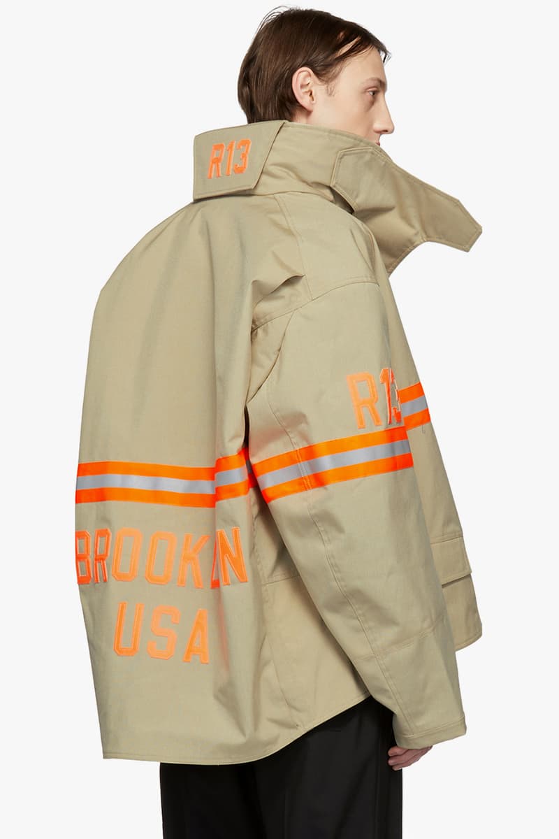 R13 Fireman Jacket Black Orange Nylon Reflective Silver Beige Cream Camouflage Green SSENSE Drop