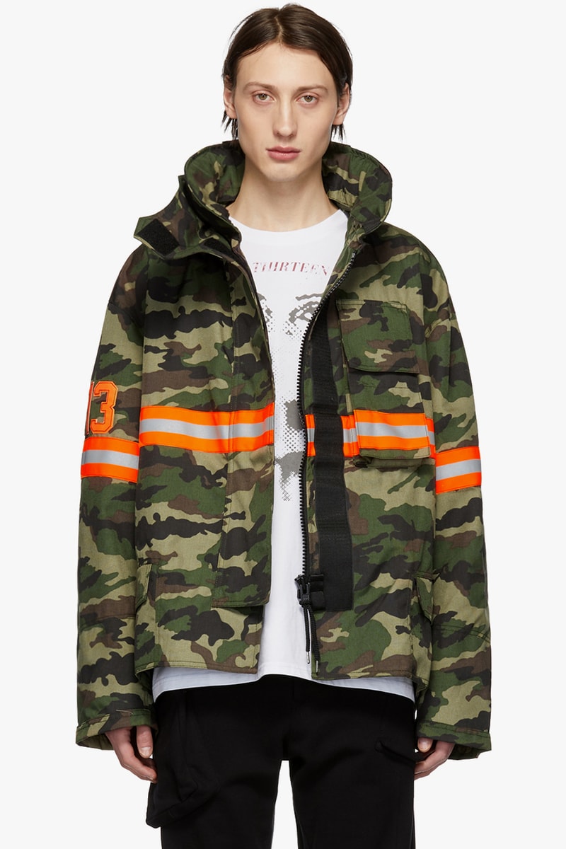 R13 Fireman Jacket Black Orange Nylon Reflective Silver Beige Cream Camouflage Green SSENSE Drop