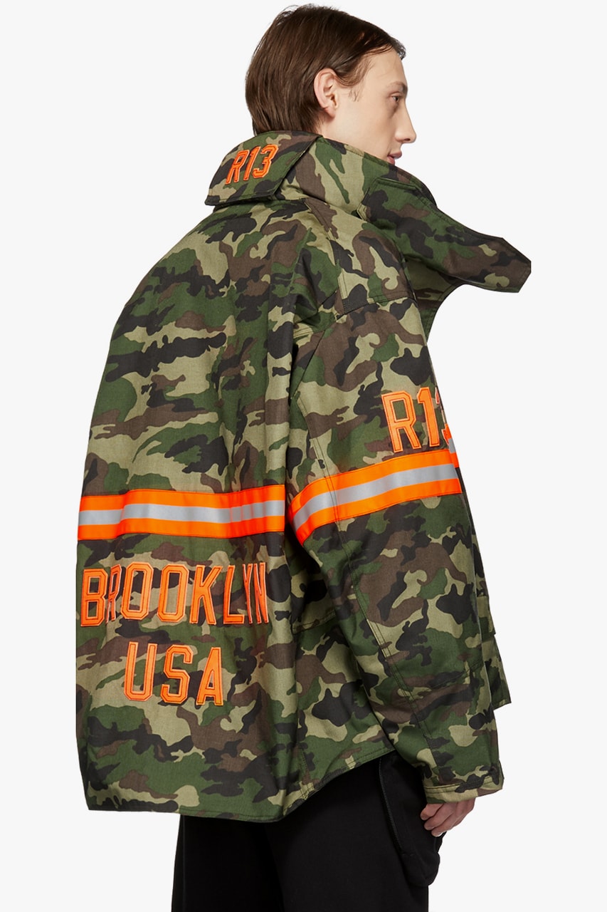 R13 Fireman Jacket Black Orange Nylon Reflective Silver Beige Cream Camouflage Green SSENSE Drop