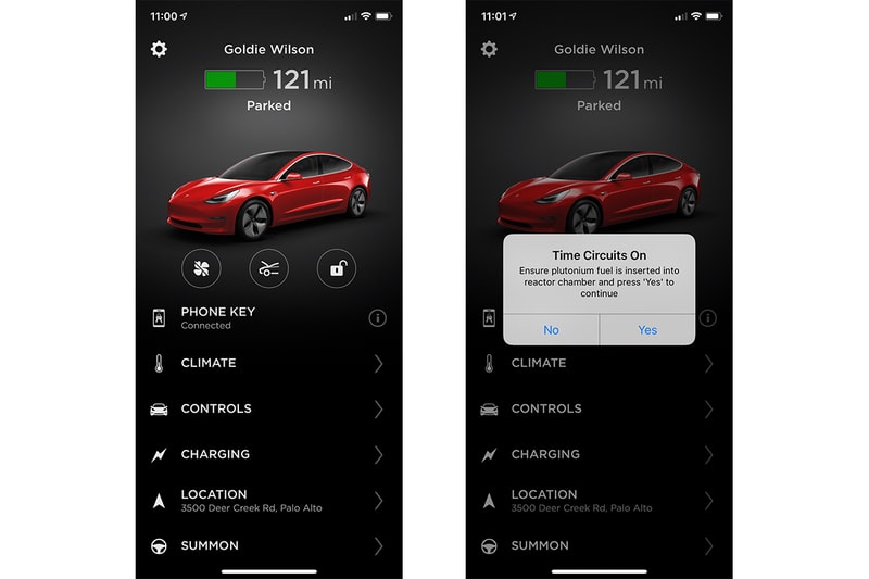 Tesla Implements 'Back To The Future' Easter Egg 1.21 gigawatts great scott film movie goldie wilson plutonium fuel nuclear sign time circuit Delorean fuel chamber icon p88d tesla mobile app SW version 3.8.1