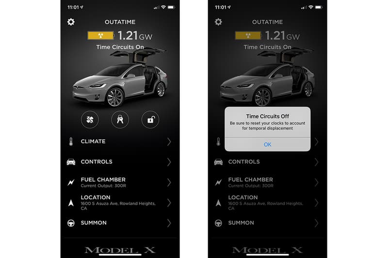 Tesla Implements 'Back To The Future' Easter Egg 1.21 gigawatts great scott film movie goldie wilson plutonium fuel nuclear sign time circuit Delorean fuel chamber icon p88d tesla mobile app SW version 3.8.1