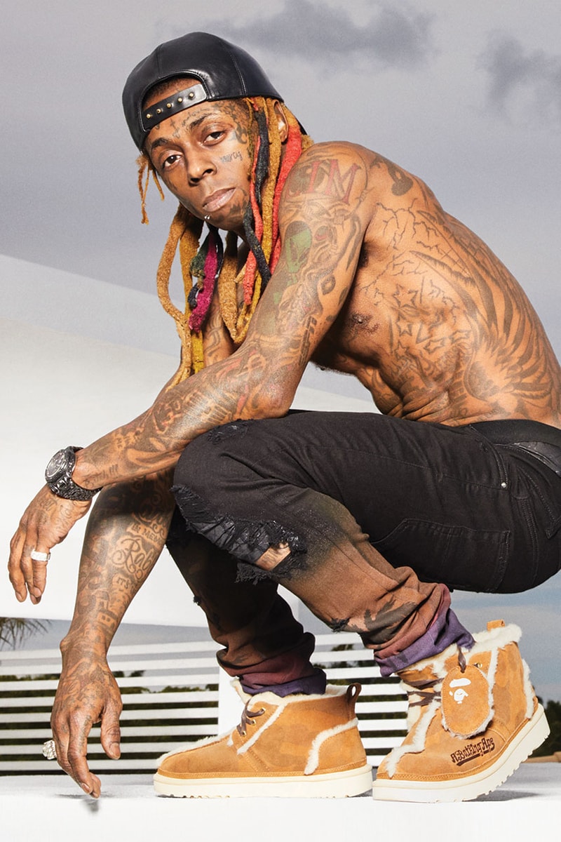 bape ugg collaboration campaign spring summer 2019 ss19 lil wayne slide sandals sneaker drop release date info february 9 2019 buy