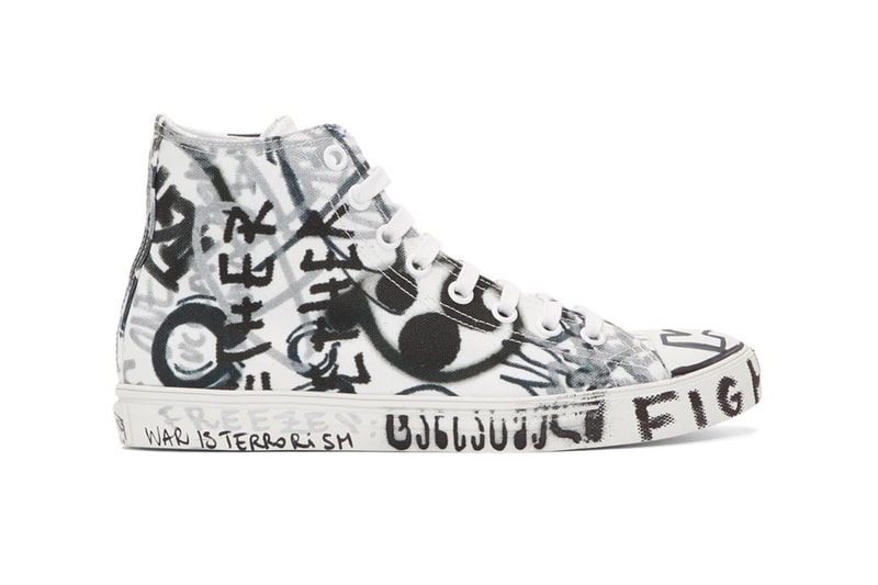 Vetements Georgian Graffiti Low & High-Top Sneakers made in Italy white black "fuck war" "war is terrorism" "just say no" 