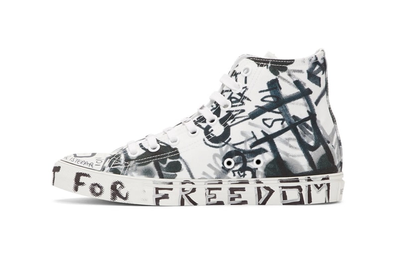 Vetements Georgian Graffiti Low & High-Top Sneakers made in Italy white black "fuck war" "war is terrorism" "just say no" 