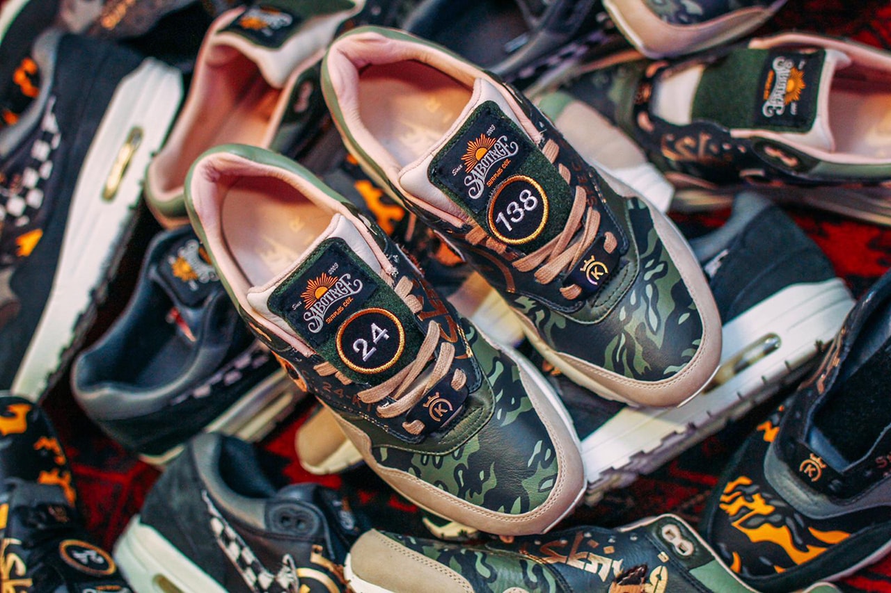 24 Kilates Nike Air Max 1 Custom Pairs Sneakers Sabotage SBTG Singapore Artist Customiser Stampede Collection The Mine Bangkok Thailand New Era Cap Design X Ray Camouflage Velcro Patches Military Inspired  