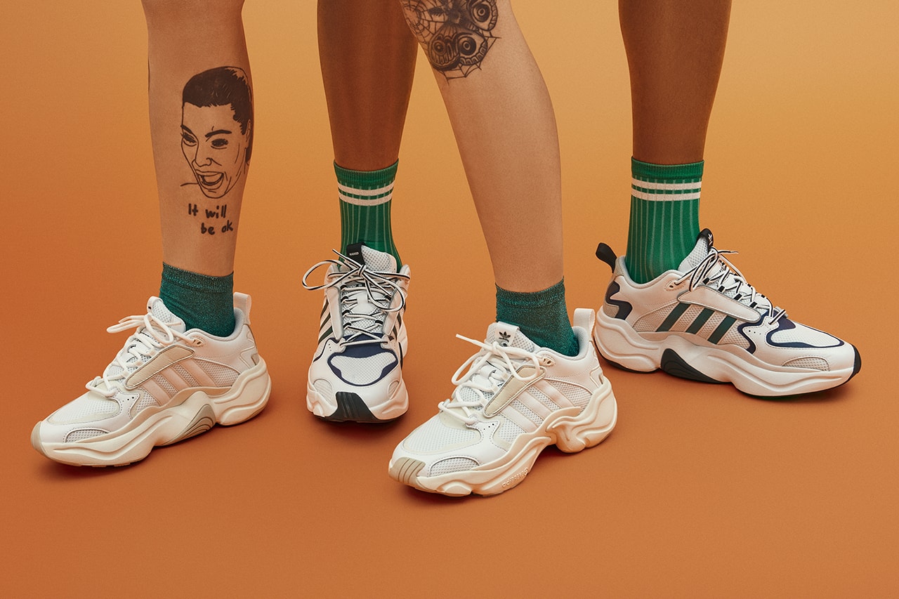 adidas Consortium Naked Magmur Runner Collaboration New Silhouette All White Friends and Family Green Blue Chunky Vintage Design AdiPrene